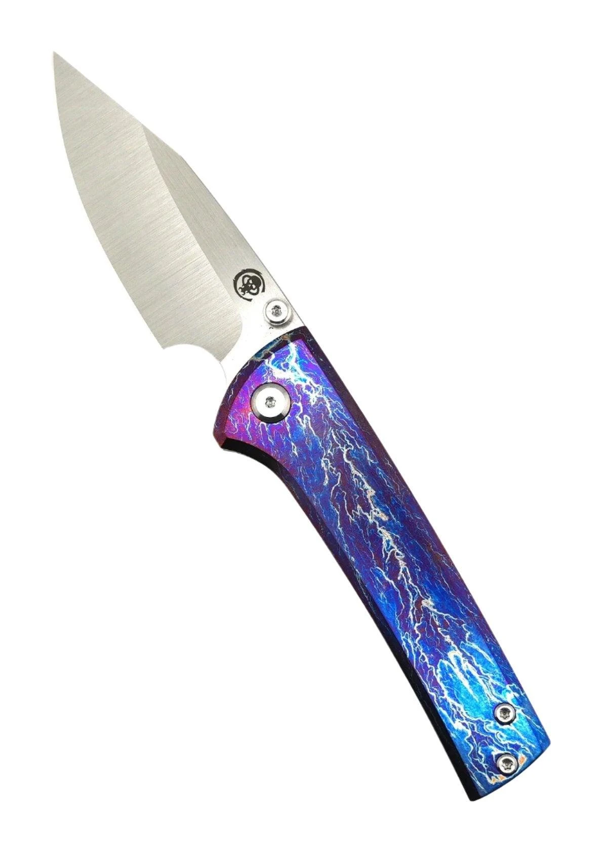 Custom Chaves Scapegoat Street Frame Lock Folding Knife Heat Antropic Ti Handles (3.50" Bohler M390) (Blurple Lightning) 1 Custom Chaves Scapegoat Street Frame Lock Folding Knife Heat Antropic Ti Handles (3.50" Bohler M390) (Blurple Lightning)
