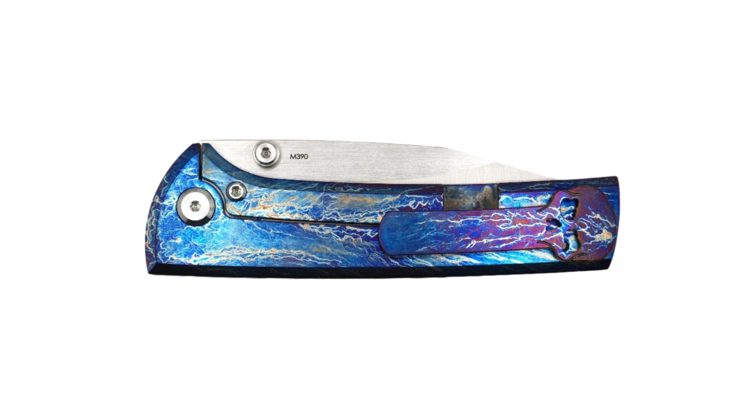 Custom Chaves Scapegoat Street Frame Lock Folding Knife Heat Antropic Ti Handles (3.50" Bohler M390) (Blurple Lightning) 6 Custom Chaves Scapegoat Street Frame Lock Folding Knife Heat Antropic Ti Handles (3.50" Bohler M390) (Blurple Lightning) - Image 6