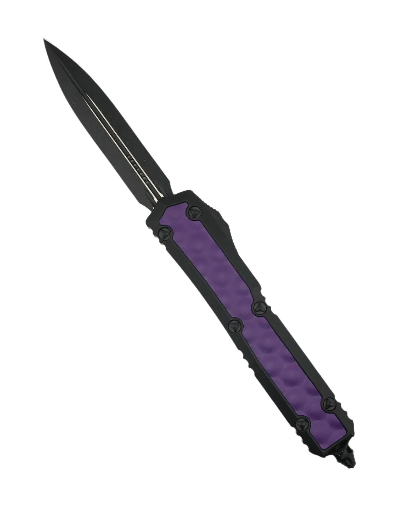 Microtech 206-1BIPUS Signature Makora OTF Auto 3.3" Black Double Edge Dagger Blade Black Aluminum Handles Purple Brute Bubble Inlays 1 Microtech 206-1BIPUS Signature Makora OTF Auto 3.3" Black Double Edge Dagger Blade Black Aluminum Handles Purple Brute Bubble Inlays