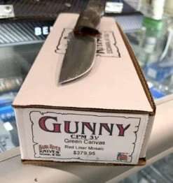 Bark River Gunny CPM 3V Knife W/ Green Canvas Micarta - Red Liners - Mosaic Pins -Helle Shop bark river knives bark river gunny cpm 3v knife w green canvas micarta red liners mosaic pins 41989675385044