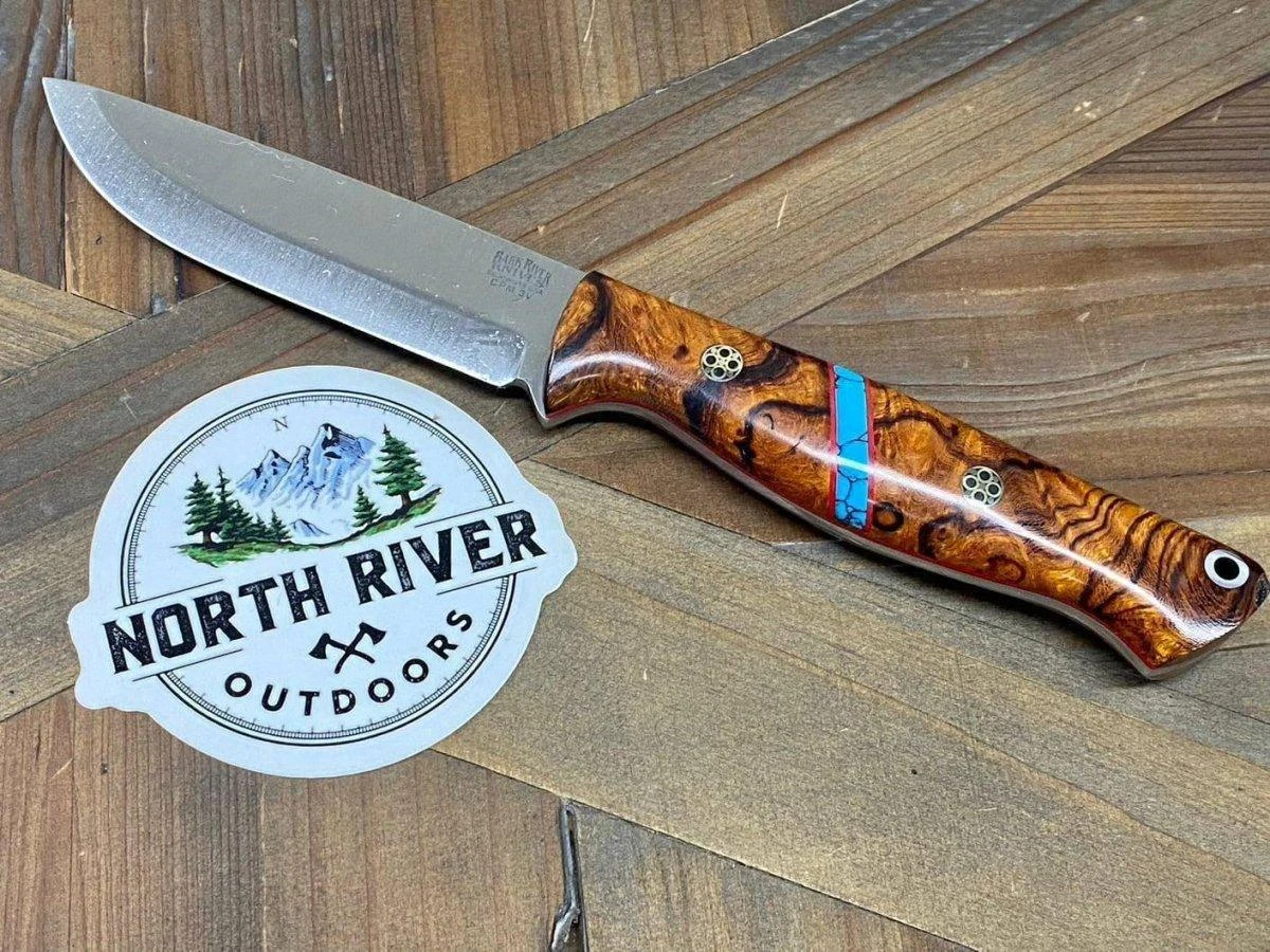 Bark River Gunny Scandi CPM 3V Desert Ironwood Burl, Turquoise Spacer, Red Liners, Mosaic Pins 1 Bark River Gunny Scandi CPM 3V Desert Ironwood Burl, Turquoise Spacer, Red Liners, Mosaic Pins