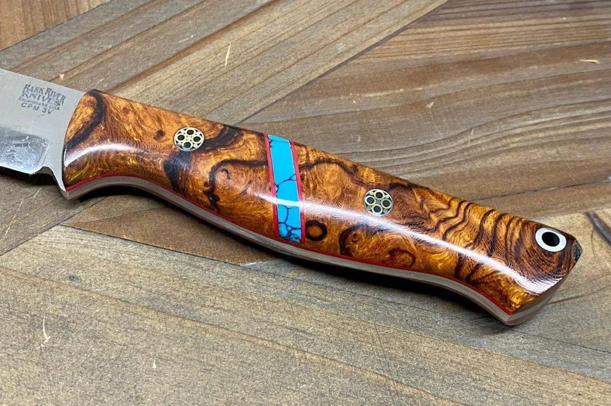 Bark River Gunny Scandi CPM 3V Desert Ironwood Burl, Turquoise Spacer, Red Liners, Mosaic Pins 2 Bark River Gunny Scandi CPM 3V Desert Ironwood Burl, Turquoise Spacer, Red Liners, Mosaic Pins - Image 2