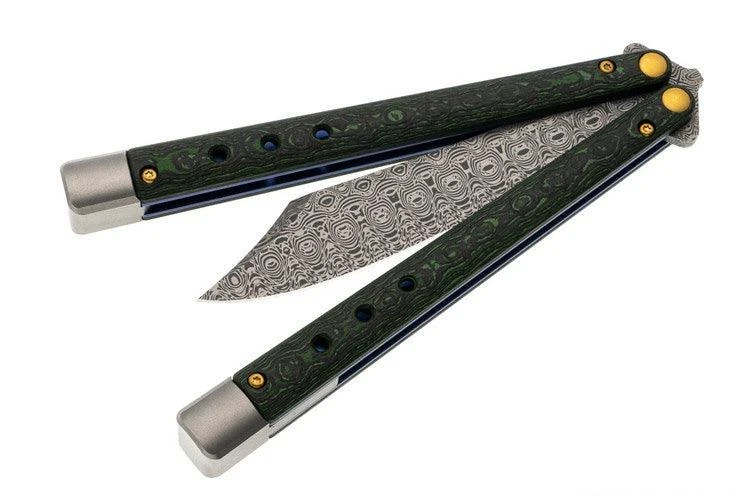 Benchmade 99-242 Gold Class Necron Latchless Balisong Butterfly Knife 4.59" Weehawk Damasteel 4 Benchmade 99-242 Gold Class Necron Latchless Balisong Butterfly Knife 4.59" Weehawk Damasteel - Image 4