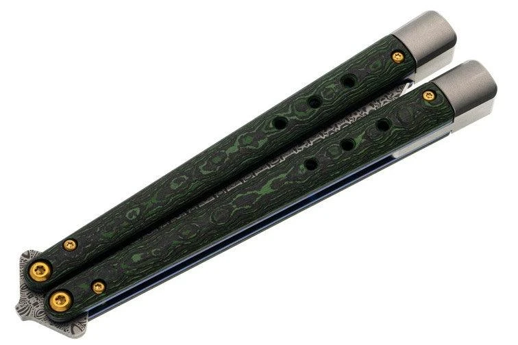 Benchmade 99-242 Gold Class Necron Latchless Balisong Butterfly Knife 4.59" Weehawk Damasteel 5 Benchmade 99-242 Gold Class Necron Latchless Balisong Butterfly Knife 4.59" Weehawk Damasteel - Image 5