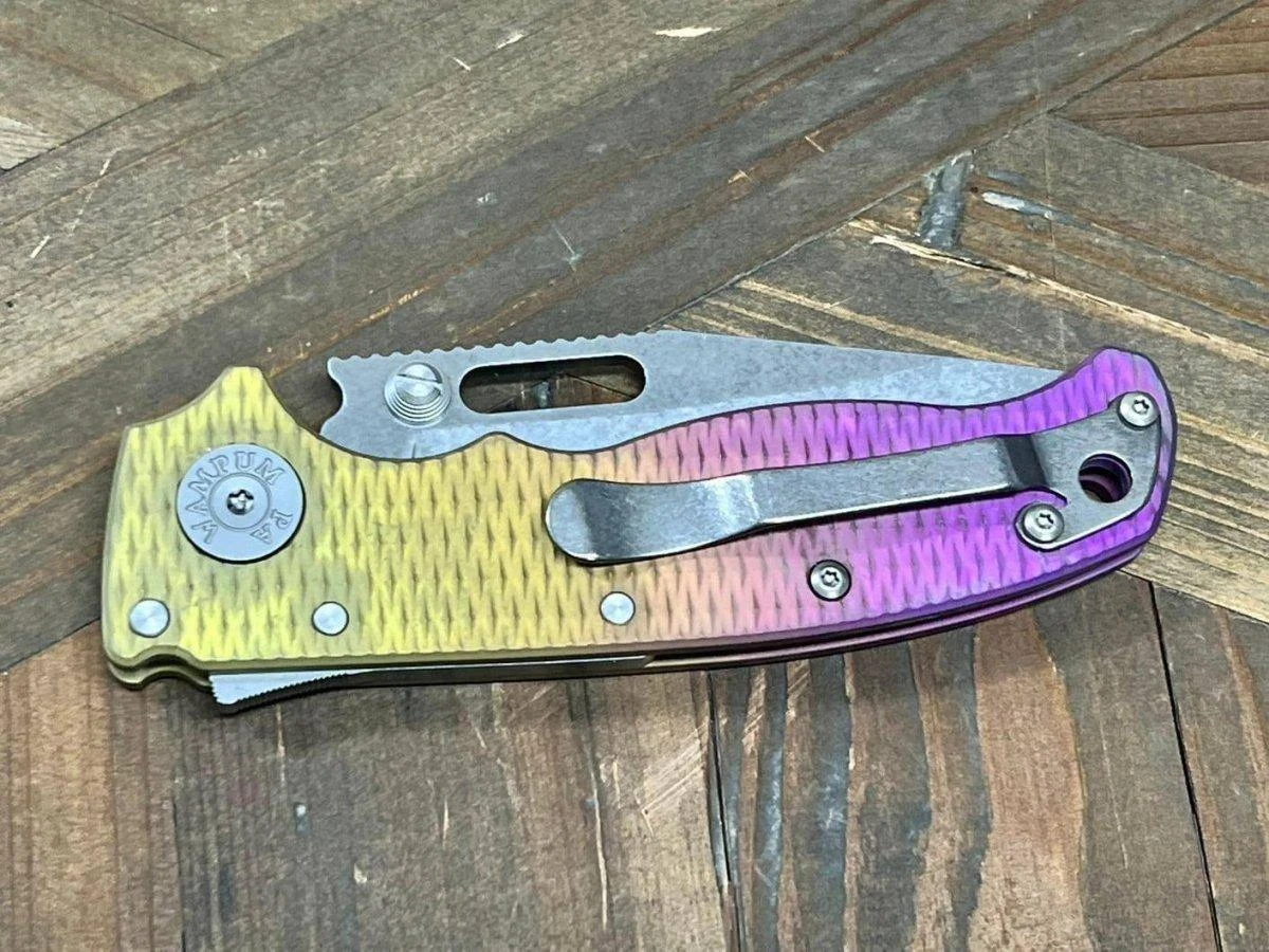Custom Demko AD20.5 Shark Lock Folding Knife 3" 3V Clip Point Textured Titanium "Pineapple Express" 3 Custom Demko AD20.5 Shark Lock Folding Knife 3" 3V Clip Point Textured Titanium "Pineapple Express" - Image 3