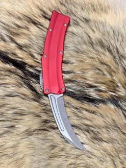 Heretic Roc Hawkbill Auto Knife 3.2" MagnaCut Stonewash Red Handles -Helle Shop heretic knives heretic roc hawkbill auto knife 3 2 magnacut stonewash red handles 39393559412948