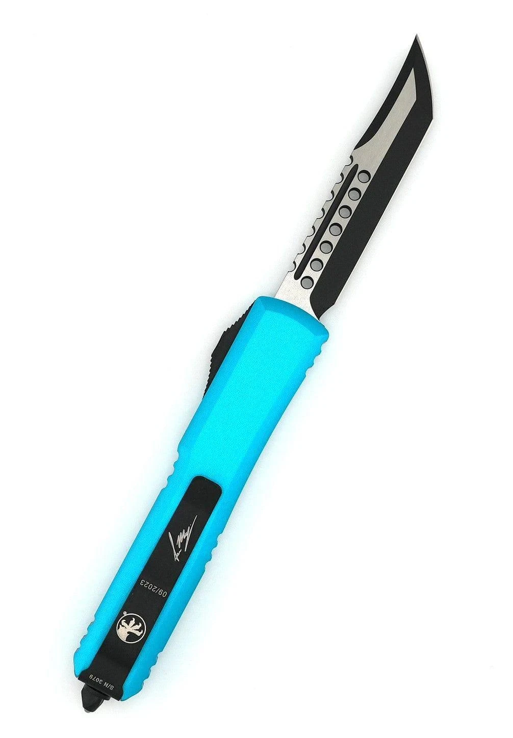 Microtech 119-1TQS Signature Ultratech Auto OTF 3.46" Two-Tone Hellhound Tanto Blade Turquoise Handles 2 Microtech 119-1TQS Signature Ultratech Auto OTF 3.46" Two-Tone Hellhound Tanto Blade Turquoise Handles - Image 2