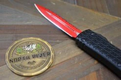 Microtech Sith Lord Ultratech 122-3SL OTF 3.46" Red Double Edge Full Serrated Blade -Helle Shop microtech microtech sith lord ultratech 122 3sl otf 3 46 red double edge full serrated blade 39393628979412