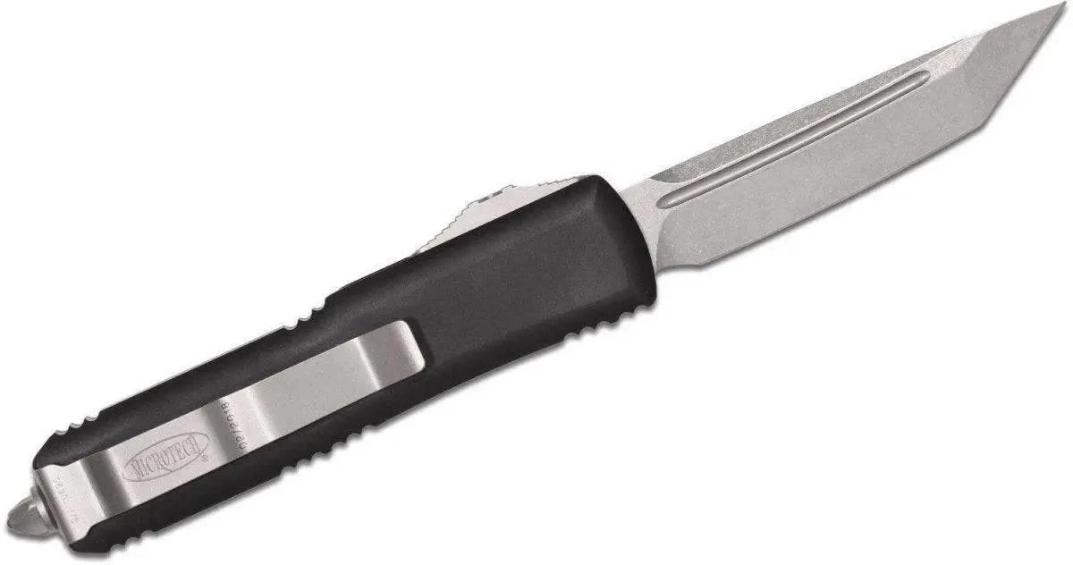 Microtech UTX-85 233-10 Auto OTF 3" Stonewashed Tanto Plain Blade, Black Handles 2 Microtech UTX-85 233-10 Auto OTF 3" Stonewashed Tanto Plain Blade, Black Handles - Image 2