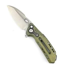 Reate Knives Custom Reate T6000 Frame Lock Flipper Knife 3.1" M390 Belt Satin Drop Point Bead Blasted Titanium Handles Zirconium OD Green Anodized