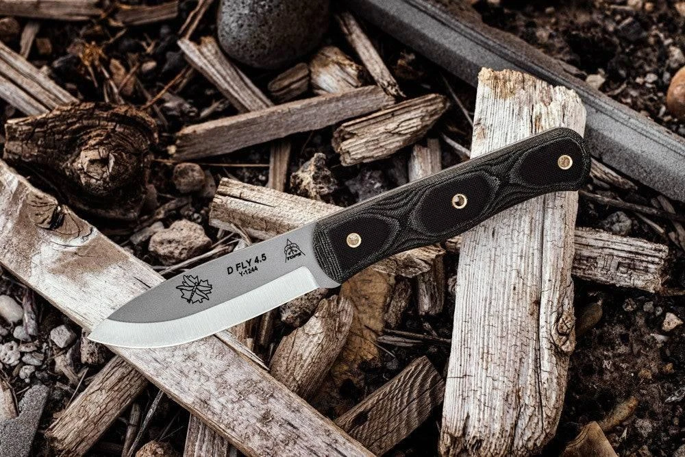 TOPS Knives D Fly 4.5 Fixed 4.5" 1095 Carbon Blade Black Micarta Handles Leather Sheath 2 TOPS Knives D Fly 4.5 Fixed 4.5" 1095 Carbon Blade Black Micarta Handles Leather Sheath - Image 2