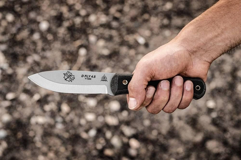 TOPS Knives D Fly 4.5 Fixed 4.5" 1095 Carbon Blade Black Micarta Handles Leather Sheath 7 TOPS Knives D Fly 4.5 Fixed 4.5" 1095 Carbon Blade Black Micarta Handles Leather Sheath - Image 7